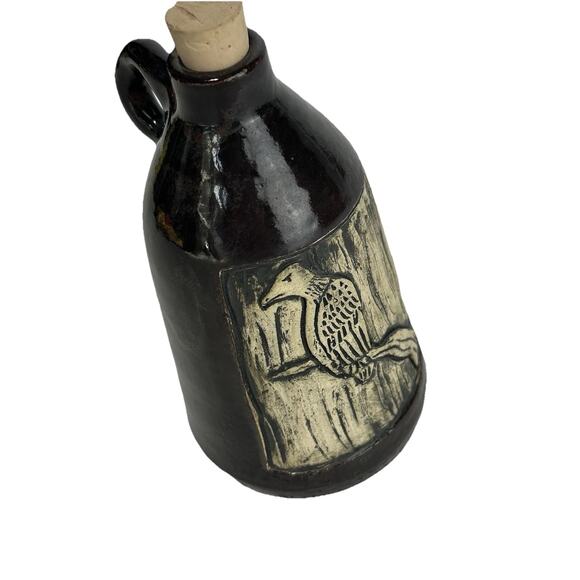 studio artist pottery milk jug etched raven bird corked Signed - Picture 2 of 9